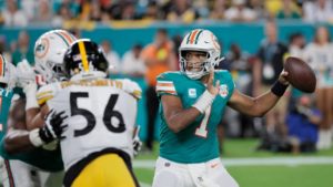 Tua Tagovailoa Guided The Miami Dolphins To A Sunday Night Football Win Over The Pittsburgh Steelers At Hard Rock Stadium In Miami Gardens, FL……